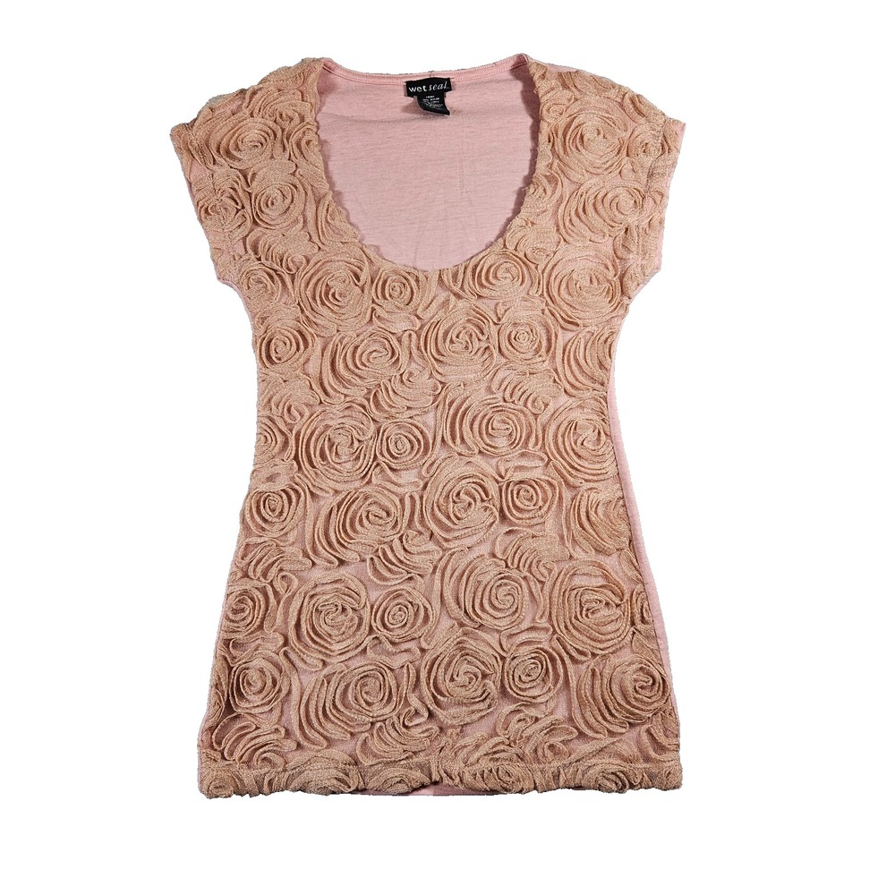 Wet Seal Y2k Blush Pink 3D Rosette Coquette Cap Sleeve Scoop Neck Top Sz S